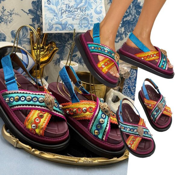 🆕 KURT GEIGER LONDON 🧿 NWOB Orson Cross Scallop Sandal Purple Multi Sz 37 US 7 - Picture 1 of 14